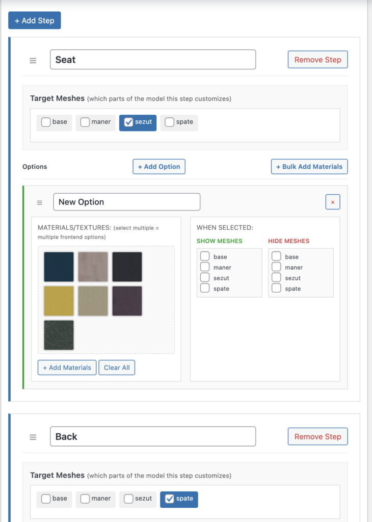 Texture selection inside the steps configurator